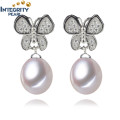 Freshwater 8-9mm AAA Serling Silver Earring White Drop 925 Silver Butterfly Pearl Earring